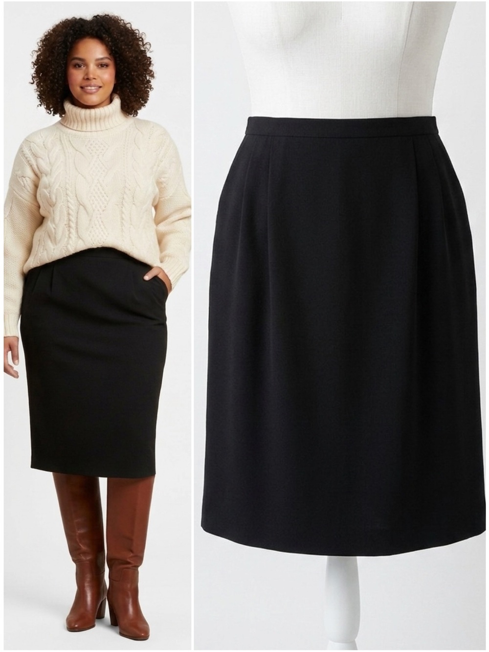 Vintage Hawksley and Wight Black 100% Worsted Wool Pencil Skirt w/ Pockets 16W